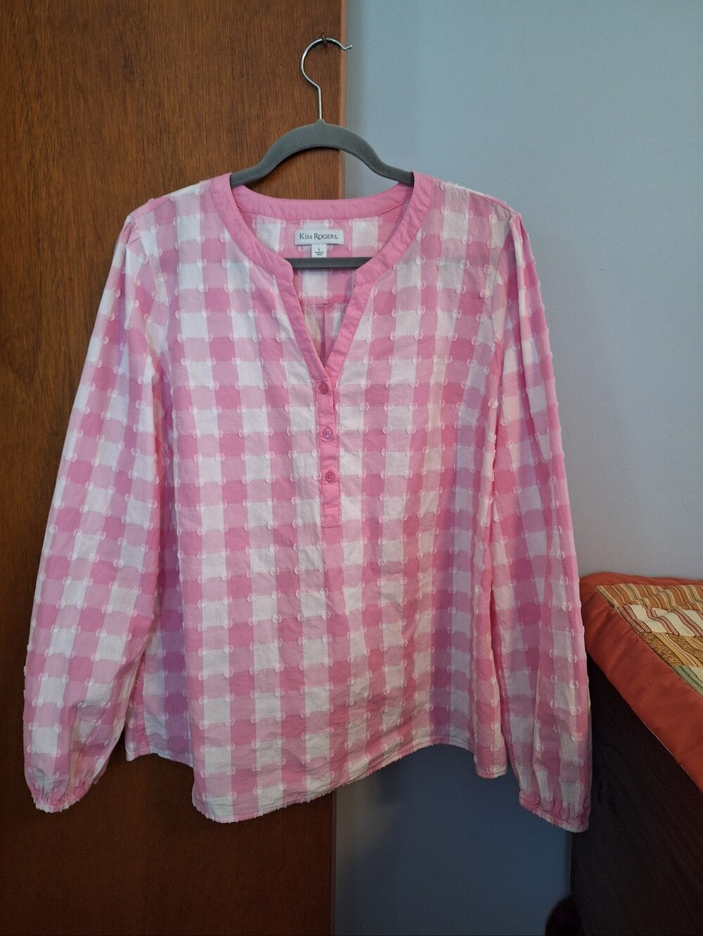 Kim Rogers Pink White V-neck Eyelet Gingham Button Henley Top Women's Size L